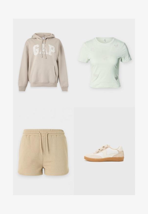 Sweat à capuche beige avec poche avant et "GAP" en grandes lettres blanches sur la poitrine, cordons pendants à la capuche.; T-shirt vert clair, court et ajusté, avec manches courtes, orné de cinq petits papillons en strass sur le devant.; Short beige en coton avec taille élastique et cordon à l’avant, conçu pour un usage décontracté.; Baskets en cuir blanc et beige avec des accents en daim, dotées d'un bout rond, de trois bandoulières Velcro et d'une semelle en caoutchouc couleur gomme.