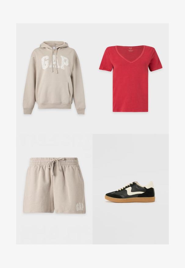 Sweat à capuche beige avec poche avant et "GAP" en grandes lettres blanches sur la poitrine, cordons pendants à la capuche.; T-shirt rouge à manches courtes avec encolure en V, design uni, sans motifs ni graphismes visibles, présenté sur fond blanc.; Short beige en tissu doux avec taille élastique et cordon, avec le logo GAP brodé sur la partie inférieure de la jambe droite.; Baskets en daim et cuir noir avec un swoosh latéral crème et un talon crème clair. Dotées de lacets beige et d'une semelle en caoutchouc gomme.