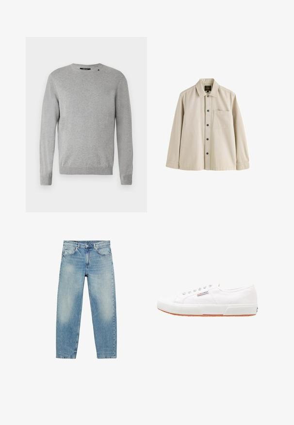 Lys grå sweater med lange ærmer, rund halsudskæring, strikket tekstur og et simpel design med et lille logo over venstre skulder.; Beige langærmet skjorte med knapper, krave og en brystlomme, lavet af et robust stof.; Blå straight-leg denim jeans med forlommer og bæltestropper, der viser let falmede detaljer på lår og knæ.; Hvide kanvas sneakers med gummisål, snørebåndsdesign og et lille logo mærke på siden. Tekstureret hvid overdel og brun ydersål.