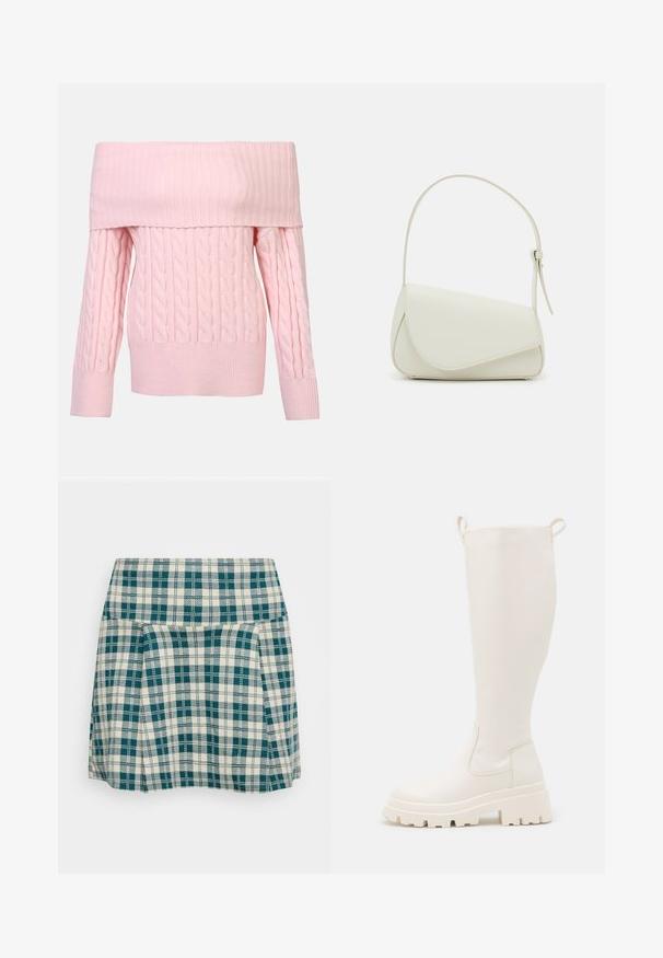 Roze off-the-shoulder trui met geribbelde halslijn, kabelbreipatroon en lange mouwen. Zachte textuur en cropped pasvorm.; Geraffineerde rok in roomkleur en teal, met plooien, een aansluitende tailleband en een lichte stof. Kenmerkend ruitpatroon door het hele stuk.; Kniehoge witte rubberlaarzen met een stevige zool en elastische zijpanelen. Voorzien van trekhaken aan de bovenkant voor gemakkelijker aan- en uittrekken. Glad textuur.; Witte nepleren handtas met een gestructureerde driehoekige vorm, een enkele verstelbare schouderriem en een klep met ronde accenten.