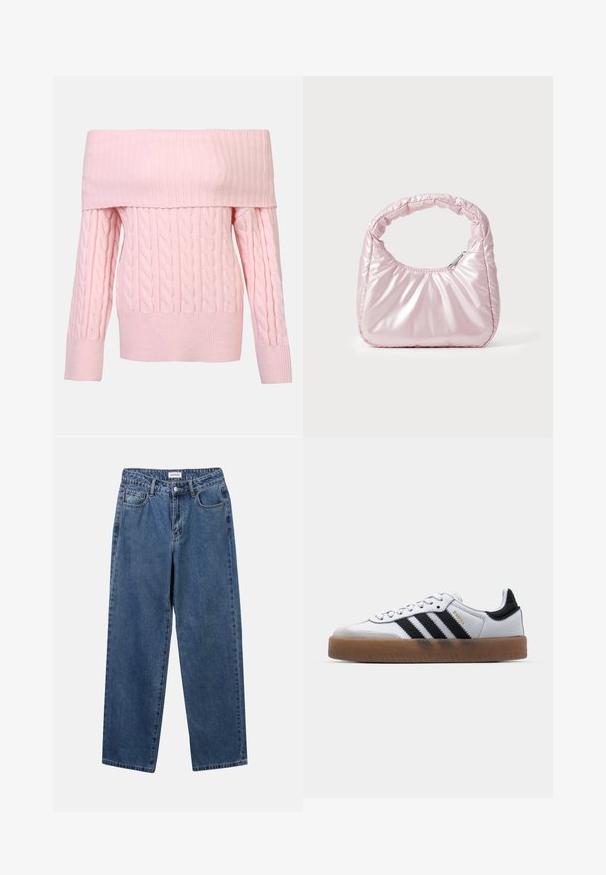 Roze off-the-shoulder trui met geribbelde halslijn, kabelbreipatroon en lange mouwen. Zachte textuur en cropped pasvorm.; Klassieke blauwe denim jeans met een rechte pijp, vijf zakken en een knoopsluiting. Heeft een middelgrote wasbeurt en stevige textuur.; Witte leren sneakers met zwarte strepen, gumrubberen buitenzool, ronde neus, vetersluiting en een zachte grijze suède neuskap.; Roze, gevoerde handtas met een afgeronde vorm, gemaakt van glanzend materiaal. Beschikt over een geplooide handgreep en een ritssluiting voor veilige toegang.