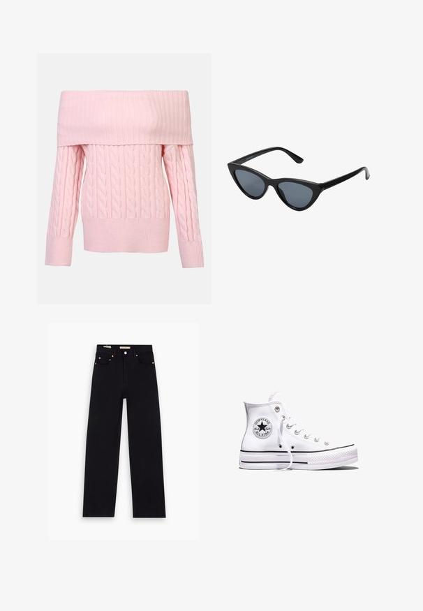 Ruusunvärinen off-the-shoulder neule, jossa on ribbireunukset, palmikkoneulekuvio ja pitkät hihat. Pehmeä rakenne ja lyhyt malli.; Mustat denim-farkut suoran lahkeen leikkauksella, viisi taskua, kupariset varusteet ja sileä tekstuuri. Kaksi etikettiä näkyvissä vyötäröllä.; Valkoinen korkeavartinen Converse Chuck Taylor All Star -tennari, jossa mustat raidat ja logokilpi sivulla, esillä yksinkertaisen valkoisen taustan edessä.; Mustat kissaeye-aurinkolasit tumman harmailla linsseillä, tyylikäs muovikehys, terävät kulmat ja suorat templet. Ei näkyvää metalliosia tai koristuksia.