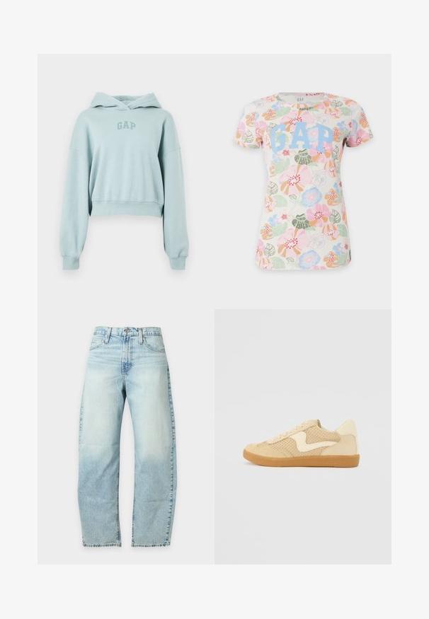 Sweat à capuche court bleu clair en coton doux, avec une capuche, des manches longues et un petit logo "GAP" en bleu légèrement plus foncé.; T-shirt blanc à manches courtes avec des motifs floraux colorés rose, vert, bleu et orange et un grand texte bleu clair "GAP" sur le devant.; Jean en denim bleu clair délavé à jambes droites, fermeture avant par bouton et zip, passants pour ceinture et poches avant.; Sneaker beige avec des matériaux en daim et en maille, forme arrondie, col rembourré proéminent et semelle en caoutchouc gomme. Présente un accent de design en forme de vague.