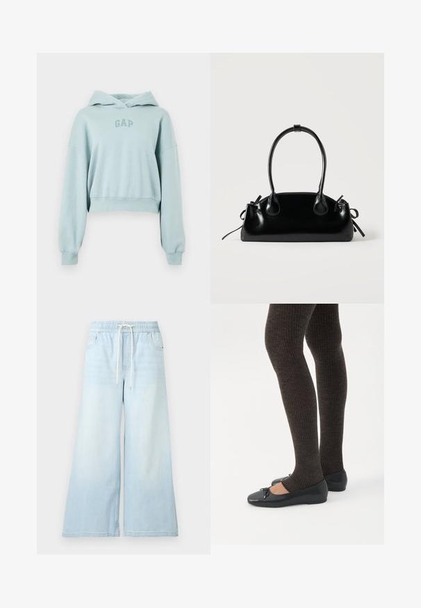 Sweat à capuche court bleu clair en coton doux, avec une capuche, des manches longues et un petit logo "GAP" en bleu légèrement plus foncé.; Pantalon en jean bleu clair à jambes larges avec taille élastique et cordon blanc, doté de poches avant et d’un léger effet délavé.; Jambes portant des leggings côtelés foncés associés à des ballerines noires avec de petits détails en nœud sur fond blanc.; Petit sac à main noir brillant avec deux longues anses et des détails à cordon sur les côtés sur un fond clair uni.