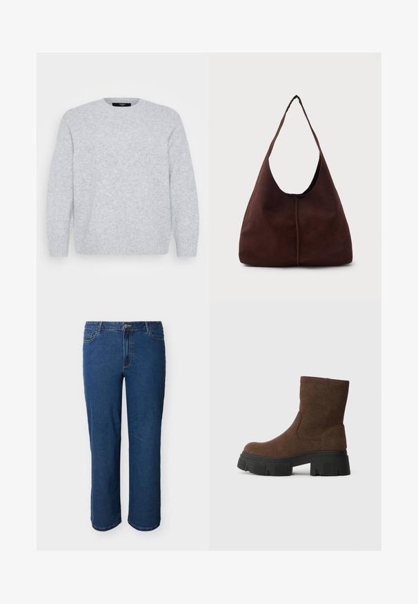 Vero Moda Curve Knitted VMCBOOM Knitted - Striktrøje - light grey melange; Blå denim jeans med lige ben, forrest med knap og lynlås, fem-lommers stil og synlige syninger på lys baggrund.; Brune ruskind ankelstøvler med en tekstureret overflade, rund tå og en kraftig sort gummisål med mønster.; Brun suedette hobo taske med en stor, buet åbning og en bred skulderrem. Har en centreret søm på forsiden. Glat tekstur.