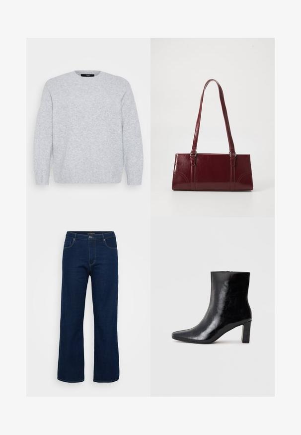 Vero Moda Curve Knitted VMCBOOM Knitted - Striktrøje - light grey melange; Mørkeblå denim jeans med lige pasform, der har en lynlås, fem lommer og synlige syninger.; Sorte ankelstøvler lavet af blank læder, med spidse tæer og en mellemstor blokhæl, med en glat tekstur og et enkelt design.; Bordeaux håndtaske lavet af glansfuldt materiale, rektangulær form, med to skulderremme og subtile buede detaljer på forsiden.