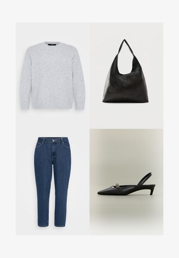 Vero Moda Curve Knitted VMCBOOM Knitted - Svetrík - light grey melange; Tmavomodré džíny s vysokým pásom a rovnými nohavicami, so prednými vreckami, pútkami na opasok, kovovým gombíkom a zipsovým zapínaním na bielom pozadí.; Čierny kožený sandál na nízkom podpätku s otvorenou pätou, špicatou špičkou a malou zlatou prackou na jednoliatom pozadí.; Čierna hladká kožená kabelka na rameno s širokým, jediným remienkom a ležérnym, minimalistickým dizajnom na jednoduchom pozadí.