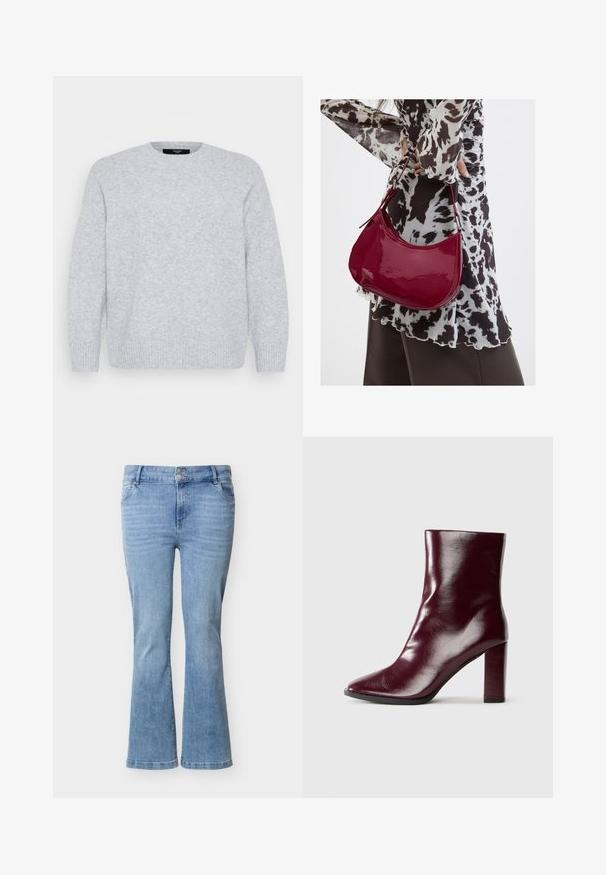 Vero Moda Curve Knitted VMCBOOM Knitted - Striktrøje - light grey melange; Lyseblå denimjeans med vide ben, dobbelt knaplukning, forlommer og diskret falmning på lårene.; Skinnende mørk bordeaux læderstøvle til midt på læggen med spids tå og blokeret høj hæl på neutral baggrund.; Kvinde iført en sort- og hvidmønstret bluse, der holder en blank rød skuldertaske mod en ensfarvet baggrund.