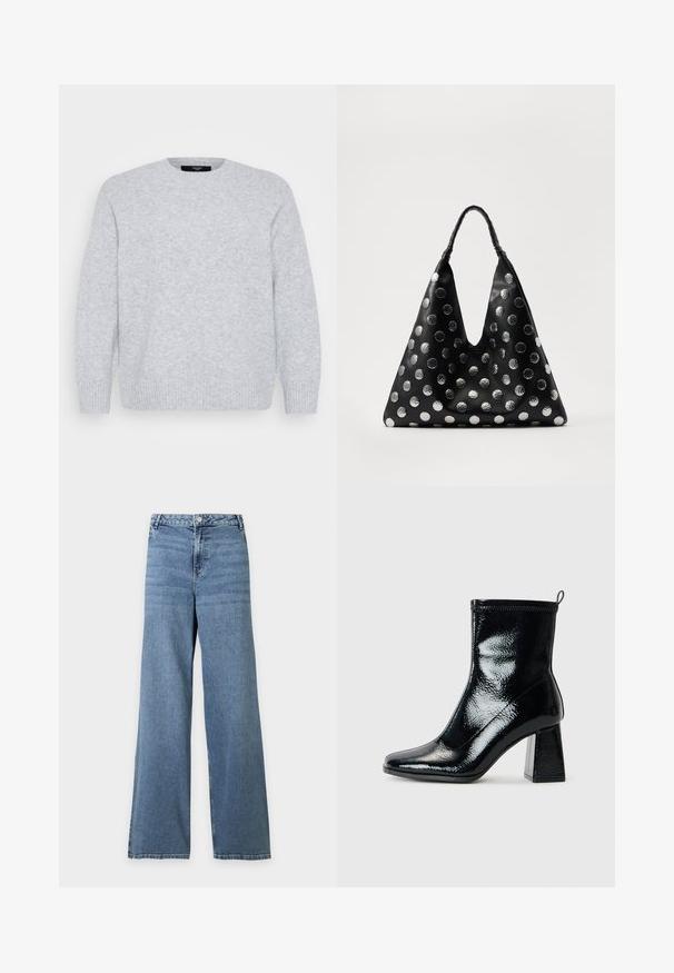 Vero Moda Curve Knitted VMCBOOM Knitted - Pullover - light grey melange; Jean bleu taille haute à jambes larges avec fermeture avant par bouton et fermeture éclair, et design classique à cinq poches sur fond uni.; Bottine en patin noir avec un bout carré et un talon géométrique épais. Présente une texture lisse et brillante ainsi qu'une languette à l'arrière pour un enfilage facile.; Sac en cuir noir de forme triangulaire, doté de pois métalliques argentés et d'une poignée texturée. Fini lisse dans l'ensemble.