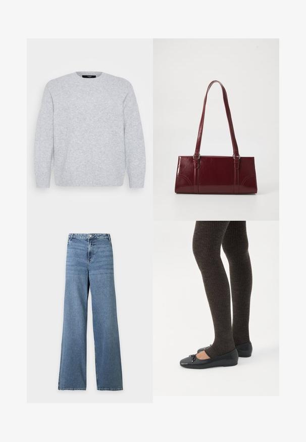 Vero Moda Curve Knitted VMCBOOM Knitted - Striktrøje - light grey melange; Blå højtaljede jeans med vide ben, forrest med knap- og lynlåslukning samt klassisk fem-lomme-design på ensfarvet baggrund.; Ben iført mørke ribbede leggings kombineret med sorte balletsko med små sløjfedetaljer på hvid baggrund.; Bordeaux håndtaske lavet af glansfuldt materiale, rektangulær form, med to skulderremme og subtile buede detaljer på forsiden.