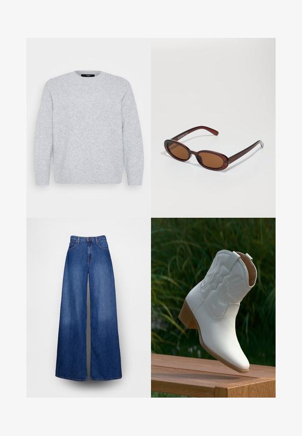 Vero Moda Curve Knitted VMCBOOM Knitted - Svetrík - light grey melange; Džínsy s širokými nohavicami z modrého denimu, s vysokým pásom, zapínaním na gombíky a dizajnom s piatimi vreckami. Čistý strih s hladkou textúrou.; Biela kožená kovbojská čižma po stred lýtok s dekoratívnym prešívaním a naskladaným dreveným podpätkom, ktorá spočíva na drevenom povrchu vonku.; Okrúhle slnečné okuliare s hnedým nádychom a lesklým burgundským rámom. Úzke ramená s jemným brandovaním. Plochej šošovky dizajn.