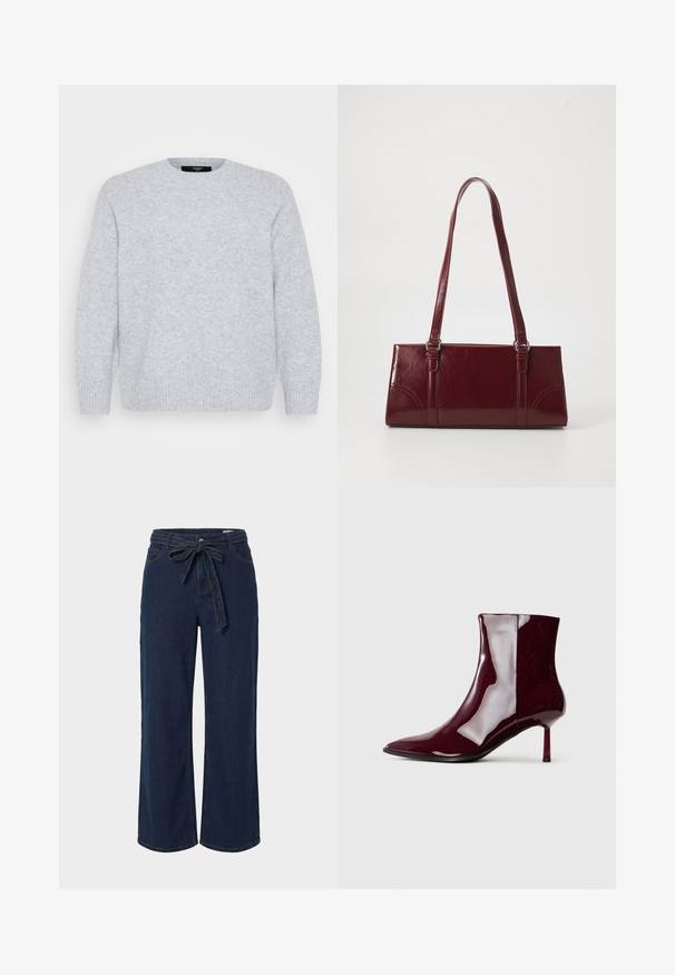 Vero Moda Curve Knitted VMCBOOM Knitted - Striktrøje - light grey melange; Mørkeblå denimbukser med vide ben, forlommer og et stofbælte bundet i en sløjfe i taljen.; Skinnende mørkerød ankelstøvle med spids tå og tynd mellem-højde hæl på en lys ensfarvet baggrund.; Bordeaux håndtaske lavet af glansfuldt materiale, rektangulær form, med to skulderremme og subtile buede detaljer på forsiden.