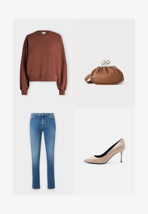 Sweat-shirt marron à manches longues avec poignets et ourlet côtelés, encolure ronde, et discret logo "Drykorn" brodé sur la poitrine gauche.; Jean en denim bleu slim avec boutons à l'avant, passants pour ceinture et poches avant visibles, présenté sur un fond blanc uni.; Chaussure à talon haut pointu en cuir verni beige avec talon aiguille fin et doublure intérieure noire sur fond blanc.; Pochette en cuir marron avec un fermoir à boule en argent et un petit détail en chaîne argentée sur fond blanc.