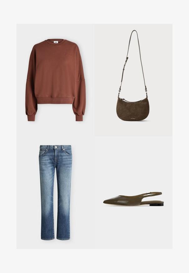 Sweat-shirt marron à manches longues avec poignets et ourlet côtelés, encolure ronde, et discret logo "Drykorn" brodé sur la poitrine gauche.; Jean droit en denim bleu avec effet délavé, poches avant, passants pour ceinture, fermeture à bouton et coutures visibles.; Chaussure plate à bout pointu vert olive avec bride arrière, talon noir bas et finition lisse et brillante.; Sac à bandoulière en daim marron en forme de croissant avec bandoulière réglable et fermeture éclair, petit logo blanc de la marque en bas au centre.