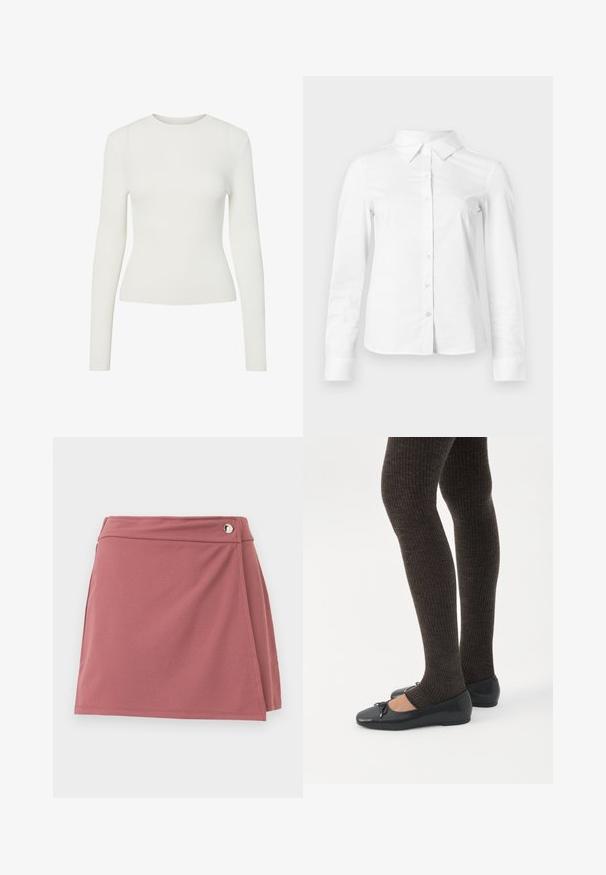 Witte langemouw ribben top met een ronde halslijn, aangesloten vorm en gladde textuur. Minimalistisch ontwerp, geen zichtbare patronen of versieringen.; Witte blouse met lange mouwen en knopen, met puntige kraag, rechte zoom en aansluitende silhouet, weergegeven op een effen lichte achtergrond.; Korte wikkelrok in stoffig rozenrood met een klein zilveren knoopje vlakbij de tailleband op een effen lichte achtergrond.; Benen met donkere geribbelde leggings gecombineerd met zwarte ballerina's met kleine strikdetails op een witte achtergrond.