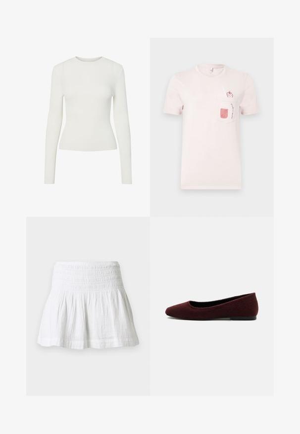 Witte langemouw ribben top met een ronde halslijn, aangesloten vorm en gladde textuur. Minimalistisch ontwerp, geen zichtbare patronen of versieringen.; Lichtroze T-shirt met korte mouwen en een voorzak met daarop een ontwerp van een aardbeienmoothie in een potje en een aardbei met een rietje.; Witte katoenen minirok met gerimpeld elastisch taillebandje en geplooide uitlopende zoom tegen een effen achtergrond.; Bordeauxkleurige damesschoen met platte zool, afgeronde neus en gestructureerde stof, lage zwarte zool, zijaanzicht op witte achtergrond.