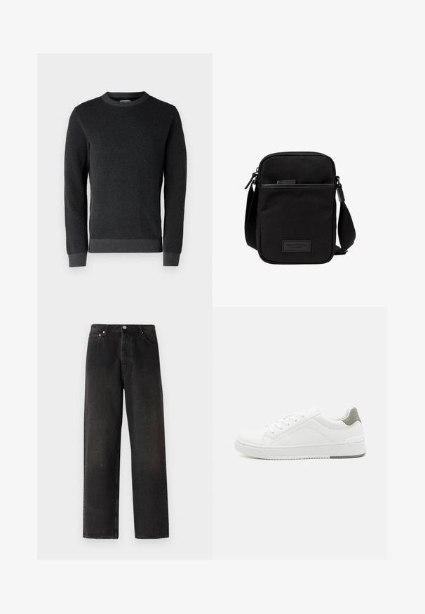 Donkergrijze gebreide trui met een gestructureerd oppervlak, ronde halslijn en ribgebreide manchetten en zoom. Heeft lange mouwen en een klassieke pasvorm.; Zwarte denim jeans met een recht model, voorzien van een vijf-pocketstijl, een messing knoop en subtiele textuurvariaties op de stof.; Witte sneaker van glad leer met een ronde neus, minimalistisch ontwerp, grijze hielaccent en een geplaatste rubberen zool.; Zwarte stoffen crossbody tas met een ritssluiting hoofdcompartiment, leren accenten, een voorkantvak en een verstelbare band. Marc O'Polo logo zichtbaar.