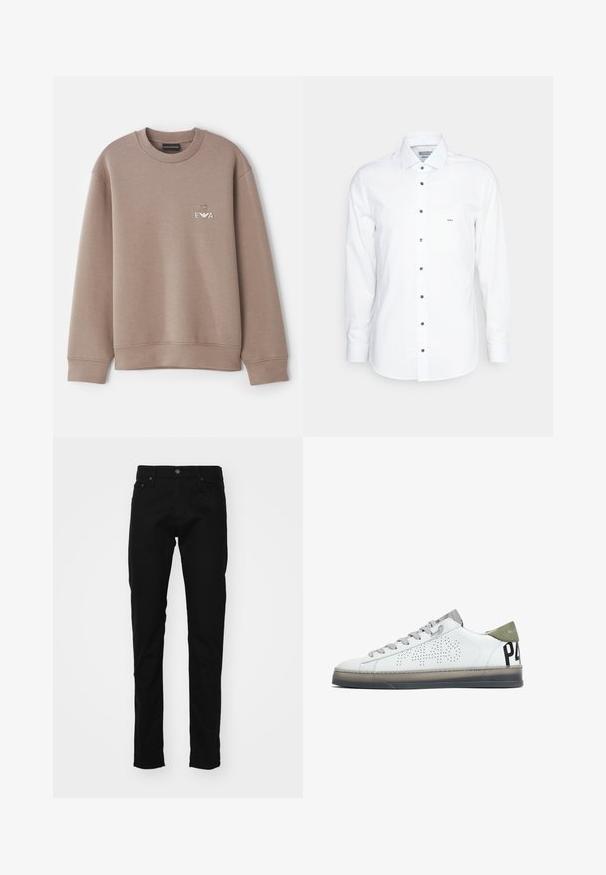 Brauner Pullover aus weichem Material. Mit Rundhalsausschnitt und gerippten Bündchen. Dekoratives "EVA"-Logo auf der Brust mit einem Emblem darüber.; Michael Kors SHIRT - Hemd - white; Schwarze Denim-Jeans im Slim-Fit mit einem klassischen Fünf-Taschen-Design, Metallknopf und genähten Details an den Taschen.; Weißer Low-Top Sneaker mit grauen Schnürsenkeln, perforiertem "P448" Logo an der Seite, olivgrünem Fersenlaschen und dunkler durchsichtiger Sohle.