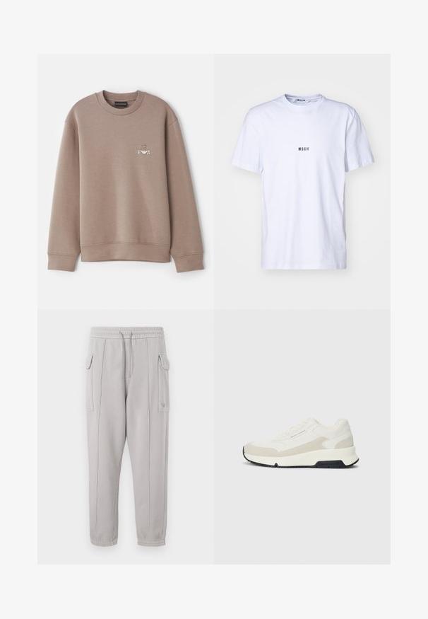 Brun sweatshirt lavet af blødt materiale. Har rund hals og ribbede manchetter. Dekorativ "EVA" logo på brystet med et emblem ovenover.; Hvid bomulds T-shirt med rund halsudskæring, korte ærmer og et lille sort "MSGM" logo trykt på forsiden. Glat tekstur.; Grå sweatpants med elastisk talje, sidelommer og stikninger, der løber lodret langs benene. Tekstur af bomuldsblanding.; Hvide og beige lavtop sneakers med snørebånd foran, sort sål og "Armani Exchange" branding på siden og sålen.