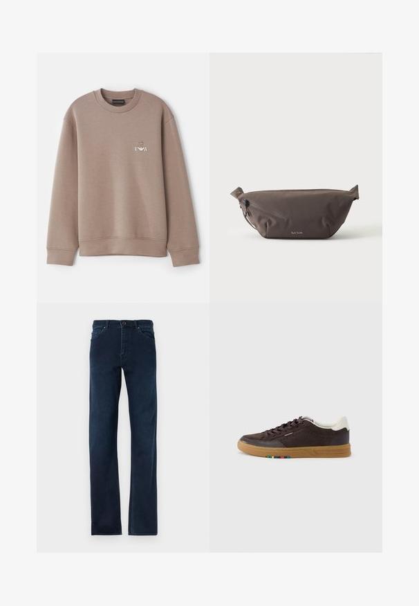 Brauner Pullover aus weichem Material. Mit Rundhalsausschnitt und gerippten Bündchen. Dekoratives "EVA"-Logo auf der Brust mit einem Emblem darüber.; Dunkelblaue Jeans aus Denim mit geradem Schnitt, fünf Taschen, einem Knopfverschluss und kontrastierenden Nähten entlang der Säume.; Dunkelbrauner Wildleder-Sneaker mit Gummisohle, weißem Fersenlaschen, Schnürdesign und kleinem mehrfarbigem Detail an der Seite der Sohle.; Dunkelbraune Stoff-Gürteltasche mit diagonalem Reißverschlussfach und kleinem weißen Logo vorne, vor einem einfarbigen hellen Hintergrund.