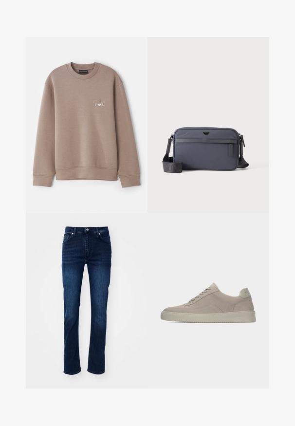 Sweatshirt marron en matériau doux. Doté d'un col rond et de poignets côtelés. Logo décoratif "EVA" sur la poitrine avec un emblème au-dessus.; Jean en denim bleu foncé avec une coupe droite, arborant un design classique à cinq poches et des détails de couture subtils.; Baskets en daim beige avec une finition texturée, un bout arrondi et des lacets ton sur ton. Elles présentent une semelle en caoutchouc épaisse et un branding discret sur le talon.; Sac bandoulière rectangulaire gris avec poche zippée devant, sangle d’épaule réglable et petit logo noir au centre avant.