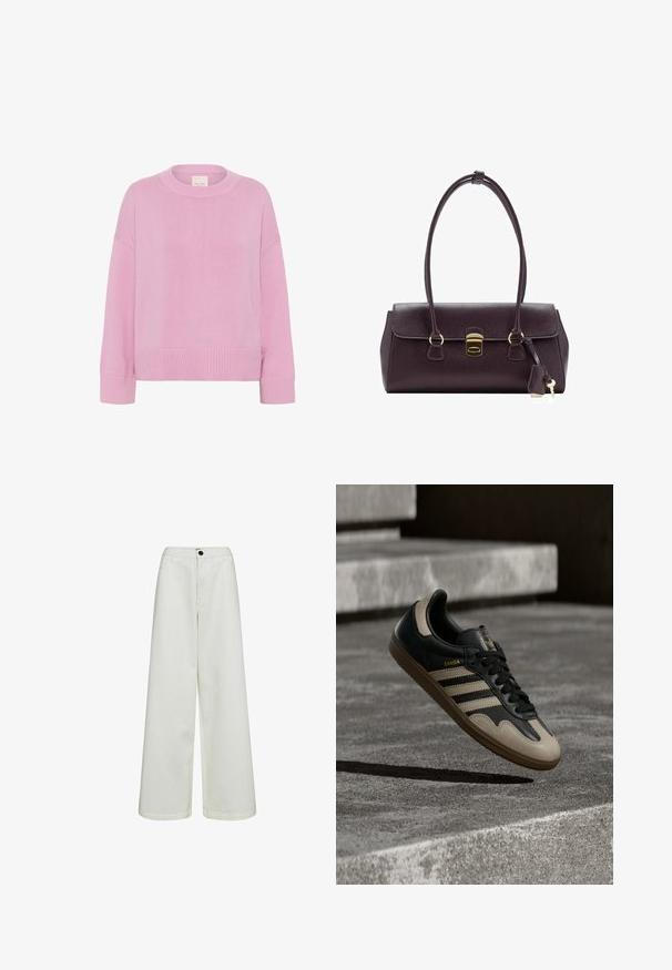 Pink striktrøje med rund halsudskæring, sænkede skuldre og ribbede cuffs. Stoffet har en blød tekstur og en afslappet pasform.; Højtaljede, vidde hvide bukser med subtile vertikale striber, forreste knap, lynlåslukning og bæltestropper.; Sort og beige lædersneaker med tre hvide striber, tanfarvet gummisål og gyldent "Samba"-detalje på siden.; Mørkelilla håndtaske i læder med struktureret design, dobbelte håndtag, gulddetaljer og en flad klap med lås og nøgleringsdetalje.