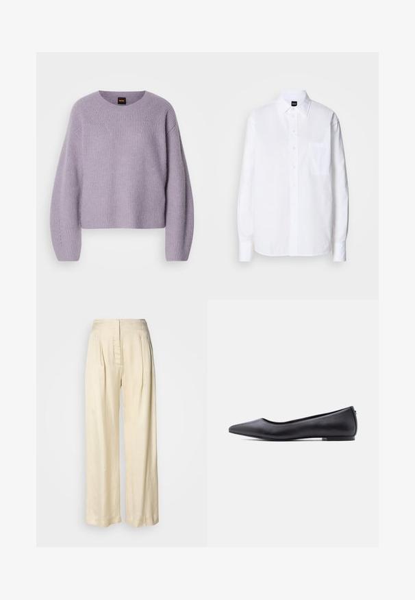 Pull en laine violet clair avec un col arrondi, des épaules chamarrées et une texture côtelée. Présente un motif de couture subtil le long des coutures.; Chemise blanche à boutons, en coton, avec un col classique, des manches longues, une poche poitrine et une texture lisse et structurée.; Pantalon en soie crème taille haute avec plis, jambes larges et fermeture éclair avant dissimulée sur un fond blanc uni.; Chaussure plate en cuir noire à bout pointu avec petit talon, vue de profil sur fond blanc.