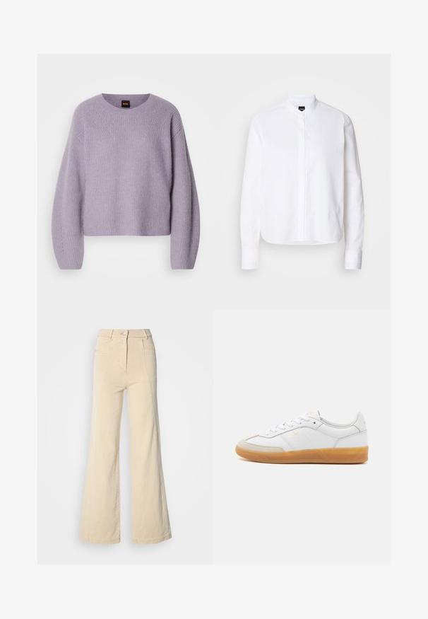 Suéter de punto de color púrpura claro con cuello redondo, hombros caídos y textura de canalé. Presenta un sutil patrón de costura a lo largo de las costuras.; Camisa blanca de cuello con pliegue frontal, de mangas largas y puños con botón. Fabricada en un suave tejido de algodón con un corte estructurado.; Jeans beige de pierna ancha con cintura alta, bolsillos frontales y costuras en contraste, con cierre de botón y una textura de algodón suave.; Zapatilla de cuero blanca con acentos de ante beige, suela de goma y diseño de cordones. Presenta un sutil logo en dorado.