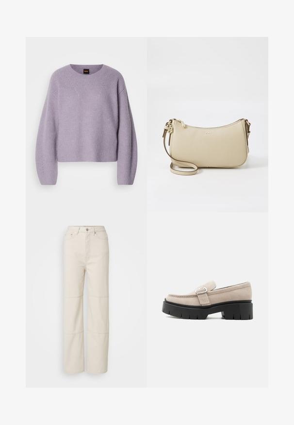 Hellpurpurener Strickpullover mit rundem Ausschnitt, überschnittenen Schultern und gerippter Textur. Verfügt über ein dezentes Stichmuster entlang der Nähte.; Helle beige weit geschnittene Jeans aus Baumwolle. Mit hoher Taille, vorderem Knopfverschluss und zwei horizontalen Nahtakzenten an den Beinen.; Beiger Wildleder-Slipper mit silberner Schnalle und dicker schwarzer Profilsohle, Seitenansicht vor weißem Hintergrund.; Beige Leder Umhängetasche mit geschwungener Form, goldenen Hardware-Akzenten, einem Reißverschluss und einem verstellbaren Tragegurt. "BOSS"-Logo auf der Vorderseite geprägt.