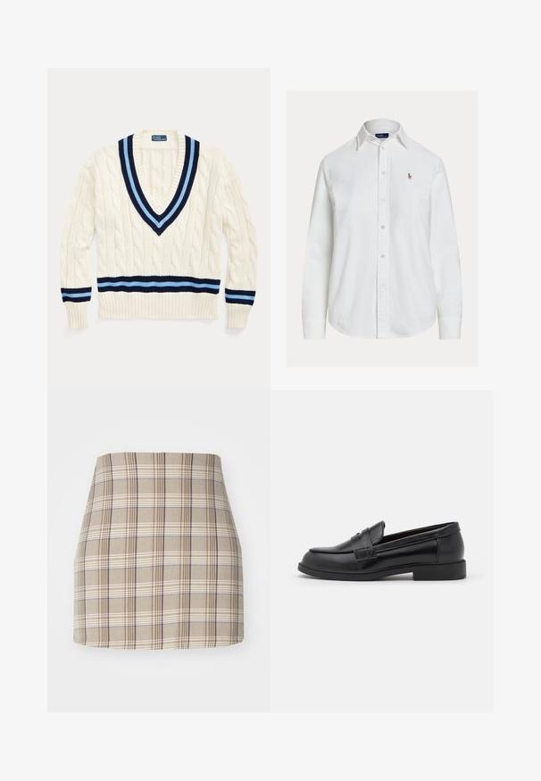 Pull crème en tricot torsadé avec un col en V, arborant des rayures bleu marine et bleu clair sur le col et l'ourlet inférieur.; Chemise blanche à manches longues, boutonnée avec col et petit logo brodé sur la poitrine gauche, présentée sur fond uni.; Even&Odd Minijupe - beige; Mocassins en cuir noir avec une texture lisse, un bout arrondi, des coutures décoratives sur le dessus, et une semelle en caoutchouc plate et basse.