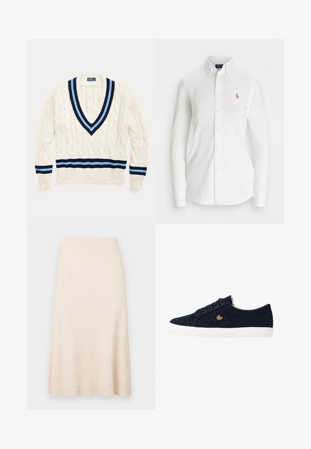 Pull crème en tricot torsadé avec un col en V, arborant des rayures bleu marine et bleu clair sur le col et l'ourlet inférieur.; Chemise blanche à manches longues avec col pointu, en coton. Présente un petit logo brodé sur la poitrine gauche.; Jupe midi tricotée couleur crème avec une ceinture côtelée et un motif torsadé vertical texturé.; Lauren Ralph Lauren JANSON II CANVAS SNEAKER - Baskets basses - navy