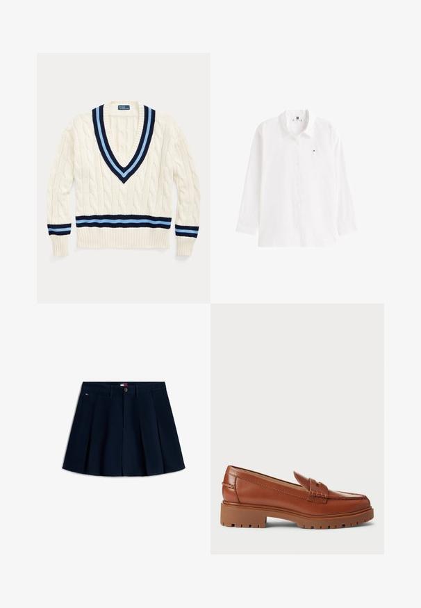 Suéter de punto en crema con escote en V, que presenta rayas en azul marino y azul claro en el cuello y el dobladillo inferior.; Camisa de botones de manga larga blanca, hecha de algodón, con un collar clásico y un pequeño logo en el lado izquierdo del pecho. Textura suave y corte recto.; Minifalda plisada de color azul marino con botones frontales y cremallera, trabillas para cinturón, bolsillos laterales y pequeño logo en la cadera izquierda.; Mocasines de piel marrón con diseño de punta de mocasín, costuras visibles y suela de goma gruesa y texturizada. Acento en hardware de tono dorado.