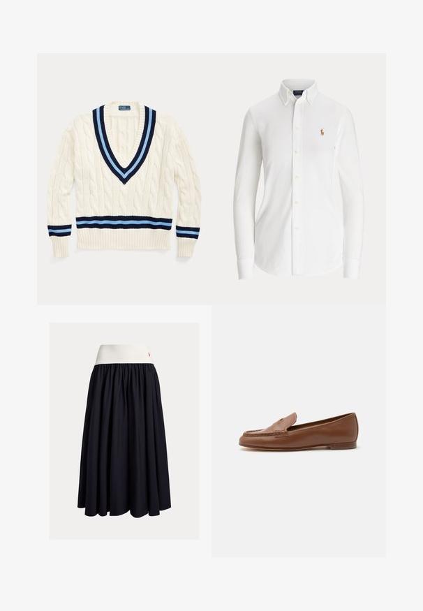 Crème kleurige kabelgebreide trui met een V-hals, voorzien van marineblauwe en lichtblauwe strepen op de kraag en de onderzoom.; Witte blouse met lange mouwen, knopen, een button-down kraag en een klein geborduurd logo van een polo-speler op de borst.; Rok tot op de knie in donkerblauwe stof met een witte elastische tailleband. Voorzien van een geplooid ontwerp en een klein rood logoaccent.; Klassieke bruine leren loafer met lage hak en gestikte moc toe details, zijaanzicht op een witte achtergrond.