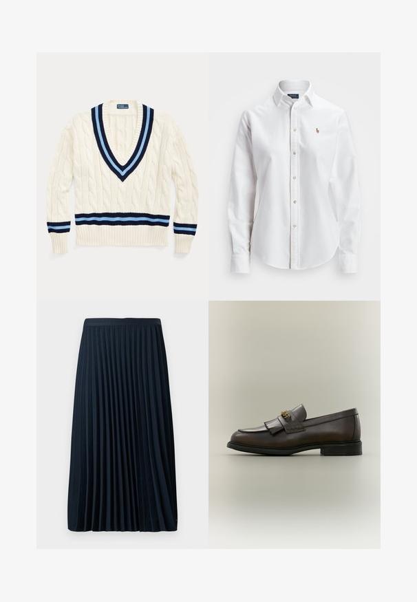 Suéter de punto en crema con escote en V, que presenta rayas en azul marino y azul claro en el cuello y el dobladillo inferior.; Camisa de botones de manga larga blanca hecha de algodón, con un cuello clásico y un pequeño logo bordado en el pecho.; Falda plisada azul marino con una cinturilla texturizada, hecha de una tela suave, que presenta pliegues verticales espaciados uniformemente y un diseño de longitud a media pantorrilla.; Mocasín de cuero marrón oscuro con detalle de flecos y hebilla dorada en suela negra, mostrado de lado sobre un fondo neutro.