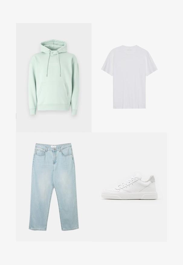 Sudadera verde menta hecha de una mezcla de algodón. Cuenta con un bolsillo canguro, capucha ajustable con cordón y puños acanalados con un logotipo en el pecho.; Camiseta de algodón blanca con mangas cortas, cuello redondo y una textura suave. Presenta una marca mínima en el escote.; Jeans de mezclilla azul claro con un corte relajado, cinco bolsillos, cierre de botón y ligeras desgastadas. La textura es suave y ligeramente usada.; Zapatillas de cuero blanca con un acabado suave, punta redondeada, cordones planos y una suela texturada. Acento de ante gris en el talón.