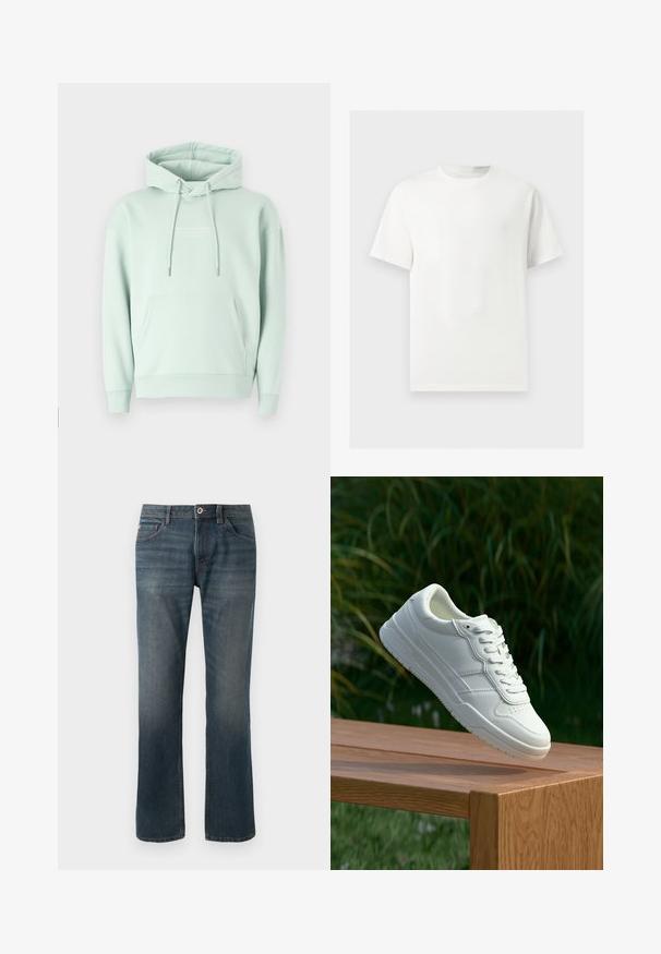 Sudadera verde menta hecha de una mezcla de algodón. Cuenta con un bolsillo canguro, capucha ajustable con cordón y puños acanalados con un logotipo en el pecho.; Camiseta blanca lisa de manga corta y cuello redondo mostrada sobre un fondo gris claro.; Jeans de mezclilla azul oscuro con un diseño de pierna recta. Las características incluyen cinco bolsillos, costuras de contraste y un cierre frontal con botón y cremallera.; Zapatilla de cuero blanca con una textura suave, que presenta un diseño perforado, cordones clásicos y suela de goma, posicionada sobre una superficie de madera.