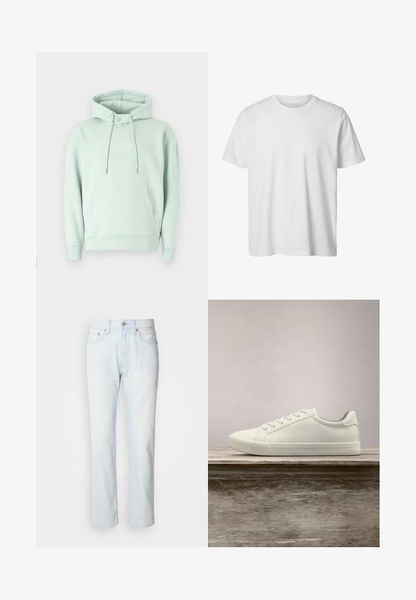 Lichtgroene hoodie van een katoenmengsel. Voorzien van een buidelzak, een verstelbare capuchon met trekkoord en ribgebreide manchetten met een logo op de borst.; Eenvoudig wit T-shirt met korte mouwen en ronde hals, losse pasvorm en zonder zichtbare logo's of ontwerpen aan de voorkant.; Lichtblauwe denim jeans met een rechte pijp. Voorzien van een knoopsluiting en riemlussen, met een vervaagde textuur en minimale stiksels.; Witte vetersneaker die boven een houten bank zweeft met groene bladeren op de achtergrond, waarbij het ontwerp en de textuur van de schoen worden getoond.