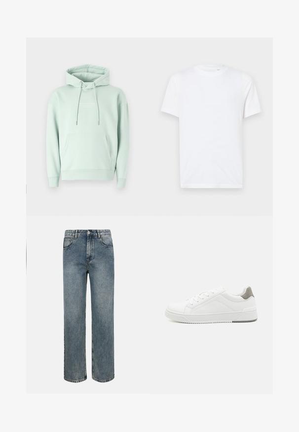 Sudadera verde menta hecha de una mezcla de algodón. Cuenta con un bolsillo canguro, capucha ajustable con cordón y puños acanalados con un logotipo en el pecho.; Camiseta de algodón blanca con cuello redondo y mangas cortas. Presenta un pequeño logo en relieve en el lado izquierdo del pecho. Textura suave.; Vaqueros azules de tiro alto y pierna recta con cierre frontal de botón y cremallera, trabillas para cinturón y diseño clásico de cinco bolsillos.; Zapatilla blanca con material de cuero liso, punta redonda, diseño minimalista, acento gris en el talón y suela de goma texturizada.