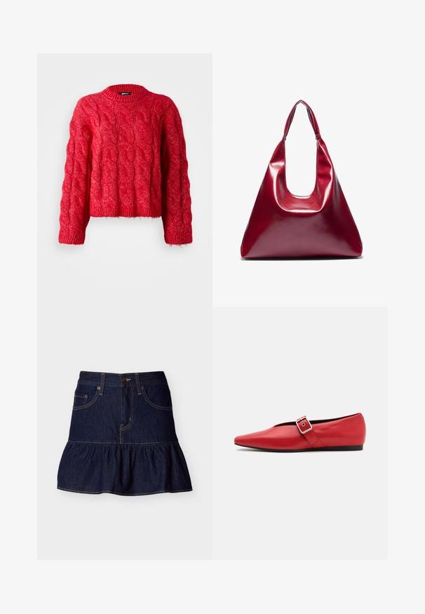 Pull en maille côtelée rouge avec un col rond, des manches longues et un design court. Le matériau semble doux, avec un motif texturé.; Mini-jupe en denim bleu foncé avec ourlet à volants, fermeture à boutons et zip sur le devant, ainsi que deux poches avant avec passants de ceinture.; Ballerine en cuir rouge avec une pointe pointue, comportant une lanière sur le côté avec une boucle en métal et un petit talon noir. Texture lisse sur l'ensemble.; Sac à main en cuir laqué rouge de forme triangulaire, avec une large ouverture en haut et une seule anse courbée. Texture lisse avec des détails de couture minimaux.