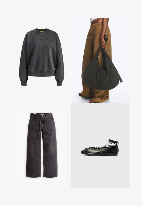 Donkergrijze oversized crewneck trui met lange mouwen, geribde manchetten en zoom, en subtiele kleine geborduurde logo op de borst.; Zwarte wijde denim jeans met een trekkoord in de taille, vijf zakken en contrasterende stiksels. Platte voorkant.; Zwarte ballerina's van lakleer met een afgeronde neus, veterdesign en een platte zool. Glad oppervlak met minimale details.; Persoon met bruine wijde broek en wit topje houdt een grote zwarte zachte handtas aan het hengsel bij hun zijde vast.
