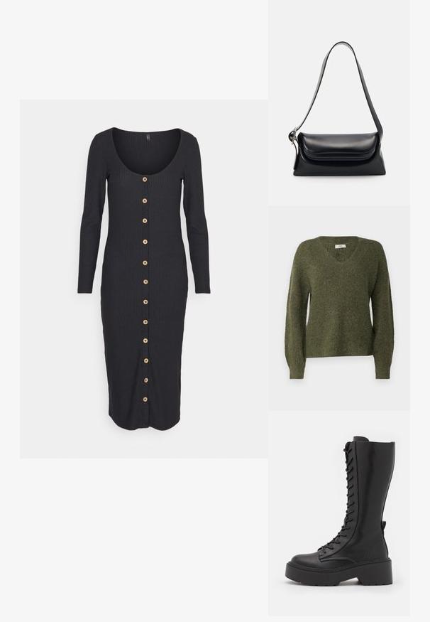 JDY JDYINGEBORG ADA LIFE V-NECK - Trui - winter moss; ONLY ONLNELLA BODYCON BUTTON DRESS - Etui-jurk - black; Zwarte kniehoog laarzen met veter, voorzien van een chunky platformzool, een gladde leren afwerking en verstevigde stiksels langs de naden.; Zwarte leren handtas met een gestructureerde vorm, een gladde textuur en een enkele schouderband. Heeft een subtiele, afgeronde klepontwerp.