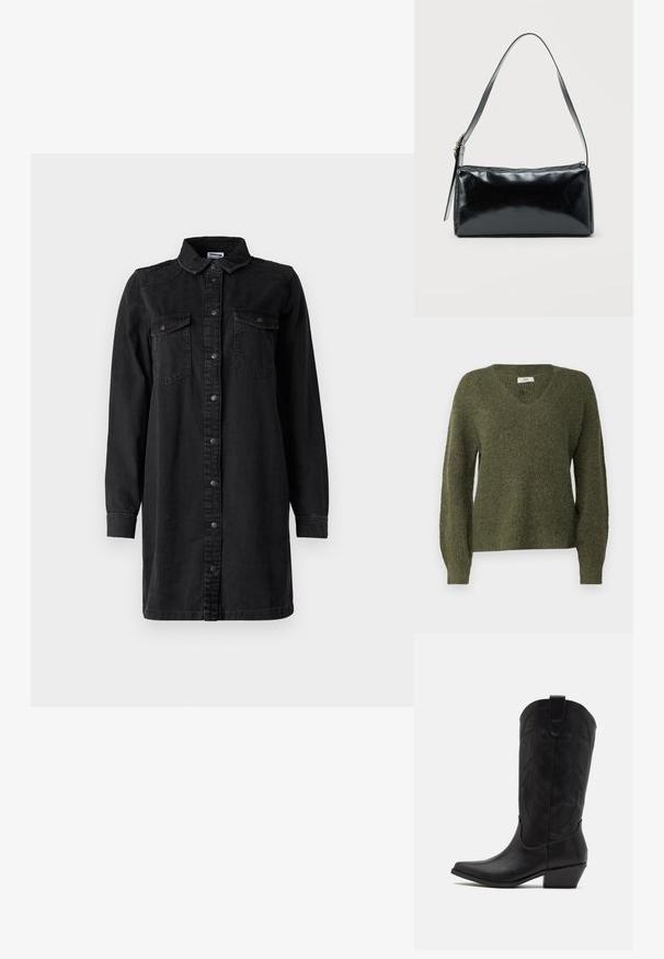 JDY JDYINGEBORG ADA LIFE V NECK - Πουλόβερ - winter moss; Μαύρο φόρεμα από τζιν με κούμπωμα μπροστά, γιακά, μακριά μανίκια και δύο τσέπες στο στήθος. Διαθέτει απλό σχέδιο και ανθεκτικό υλικό.; Μαύρη δερμάτινη καουμπόικη μπότες με μυτερή μύτη, χαμηλό σωρό τακούνι και περίπλοκο ανάγλυφο σχέδιο φύλλων στον κορμό. Λουράκι στην κορυφή για εύκολη χρήση.; Μαύρη ορθογώνια τσάντα ώμου με έναν ρυθμιζόμενο ιμάντα και κλείσιμο με φερμουάρ στην κορυφή σε μονόχρωμο φόντο.