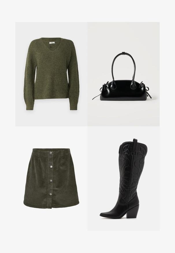 JDY JDYINGEBORG ADA LIFE V NECK - Striktrøje - winter moss; Kort mørkegrøn corduroy nederdel med a-linjeform, der har fem sølvfarvede knaplukninger foran og lodret ribbet tekstur.; Sorte knæhøje støvler i læder med spids snude og lagdelt hæl. Har dekorative syninger og buede designelementer.; Lille sort blank håndtaske med to lange håndtag og snøre-detaljer i siden på en ensfarvet lys baggrund.