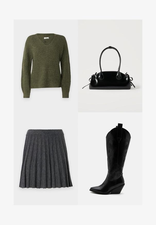 JDY JDYINGEBORG ADA LIFE V NECK - Trui - winter moss; Vero Moda Knitted VMMARINA Short - Minirok - dark grey; Zwarte leren cowboylaars met puntige neus, schuine blokhak, decoratieve stiksels en aantreklusjes bovenaan tegen een witte achtergrond.; Kleine zwarte glanzende handtas met twee lange hengsels en zijkant trekkoord details op een effen lichte achtergrond.