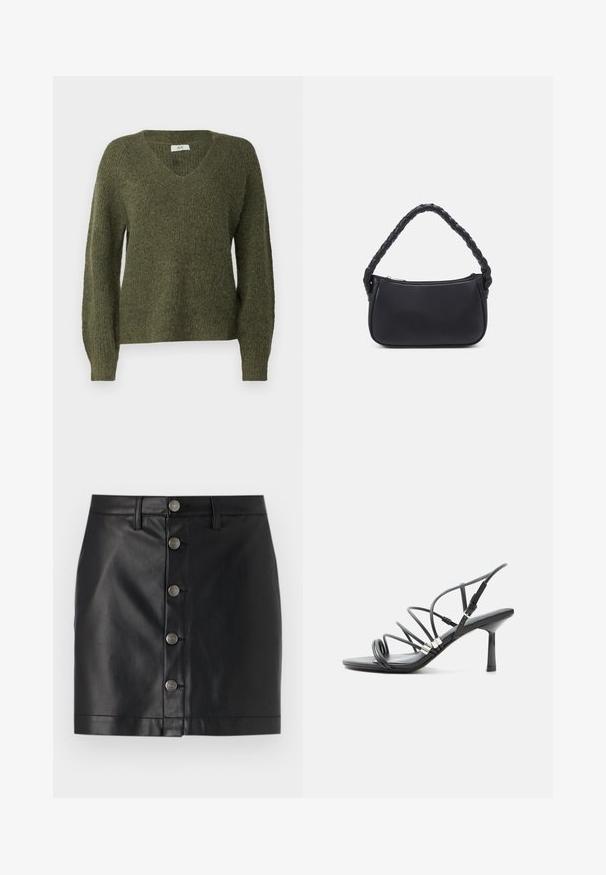JDY JDYINGEBORG ADA LIFE V NECK - Jersey de punto - winter moss; Falda de cuero negro con un diseño ajustado, que presenta cinco botones de metal plateado en la parte delantera y un dobladillo recto. Textura suave.; Sandalia negra de tacón alto con tiras finas y curvas, detalles plateados y una hebilla ajustable en el tobillo sobre un fondo blanco.; Bolso negro de forma redondeada, hecho de material liso. Presenta un asa trenzada y un cierre de cremallera para un almacenamiento seguro.