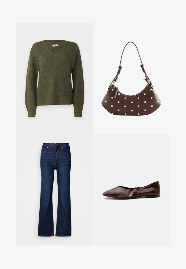 JDY JDYINGEBORG ADA LIFE V-NECK - Striktrøje - winter moss; Vida, mørkeblå denimjeans med fem lommer, knaplukning og kontrastsyningsdetaljer. Glat tekstur med et robust udseende.; Mørkebrun spids læder flad sko med en dekorativ sløjfe og træperler på siden mod en hvid baggrund.; Brun skuldertaske i halvmåneform med hvide polkaprikker, guldlynlås og justerbar rem med spænde.