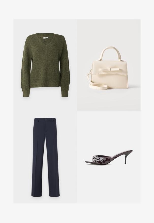 JDY JDYINGEBORG ADA LIFE V-NECK - Striktrøje - winter moss; Marineblå lige ben bukser lavet af et glat stof. Har en frontknaplukning og sidelommer. Simpelt og moderne design.; Mørkelilla mule med åben tå, mellemhøj stilettohæl og cirkulære palietter på den øverste rem.; Lille beige håndtaske med top-håndtag, aftagelig rem, forreste klap og dekorativ vandret sløjfe på en ensfarvet baggrund.