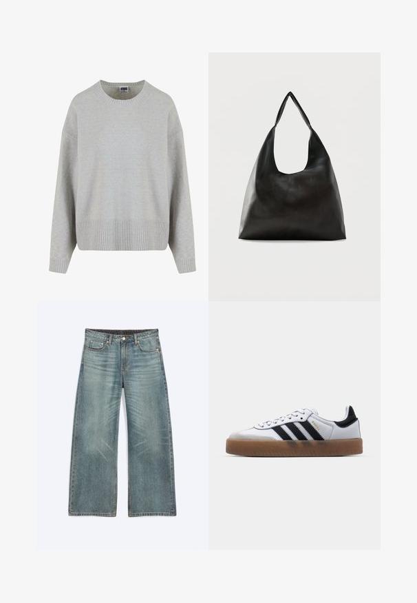 Pull en maille gris clair avec un col rond, des épaules tombantes et un ourlet côtelé. Texture douce et coupe décontractée.; Jean bleu à jambes larges avec poches avant, passants de ceinture, fermeture par boutons et détails subtils d’usure sur les cuisses et les genoux.; Baskets en cuir blanc avec des rayures noires, semelle extérieure en caoutchouc beige, bout rond, fermeture lacée et embout en suède gris doux.; Sac bandoulière en cuir noir lisse avec une large sangle unique et un design décontracté et minimaliste sur un fond uni.