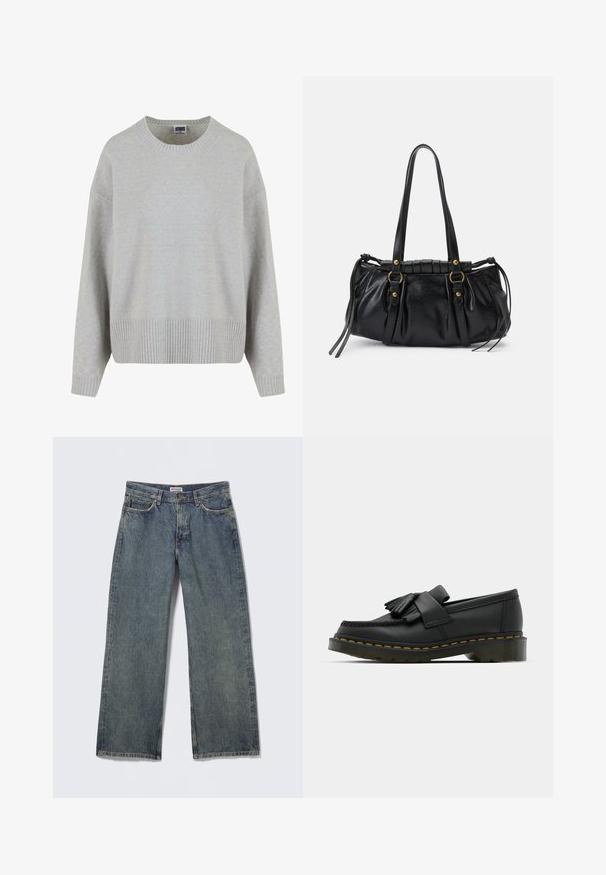 Pull en maille gris clair avec un col rond, des épaules tombantes et un ourlet côtelé. Texture douce et coupe décontractée.; Jean en denim bleu à jambes larges avec une taille haute, un design à cinq poches et un léger effet usé sur le tissu. Étiquette de la marque visible sur la ceinture.; Mocassins en cuir noir avec un bout rond, présentant un détail à franges et une bande décorative à l'avant, montés sur un talon épais.; Sac à main en cuir noir avec une forme arrondie, deux poignées, des accents en matériel décoratif et des détails de liens sur les côtés. Texture lisse et brillante.