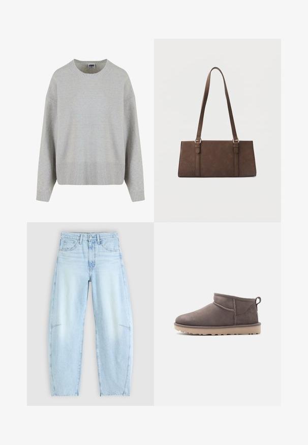 Pull en maille gris clair avec un col rond, des épaules tombantes et un ourlet côtelé. Texture douce et coupe décontractée.; Jean en denim bleu clair avec une coupe décontractée, doté d'une taille haute, d'un design à cinq poches et d'une légère décoloration avec des détails d'ourlet effilochés.; Chaussure basse en daim marron, modèle slip-on, avec semelle texturée et languette d'aide au chaussage, sur un fond uni.; Sac à bandoulière rectangulaire marron avec longues sangles et détails de couture minimalistes sur un fond uni.
